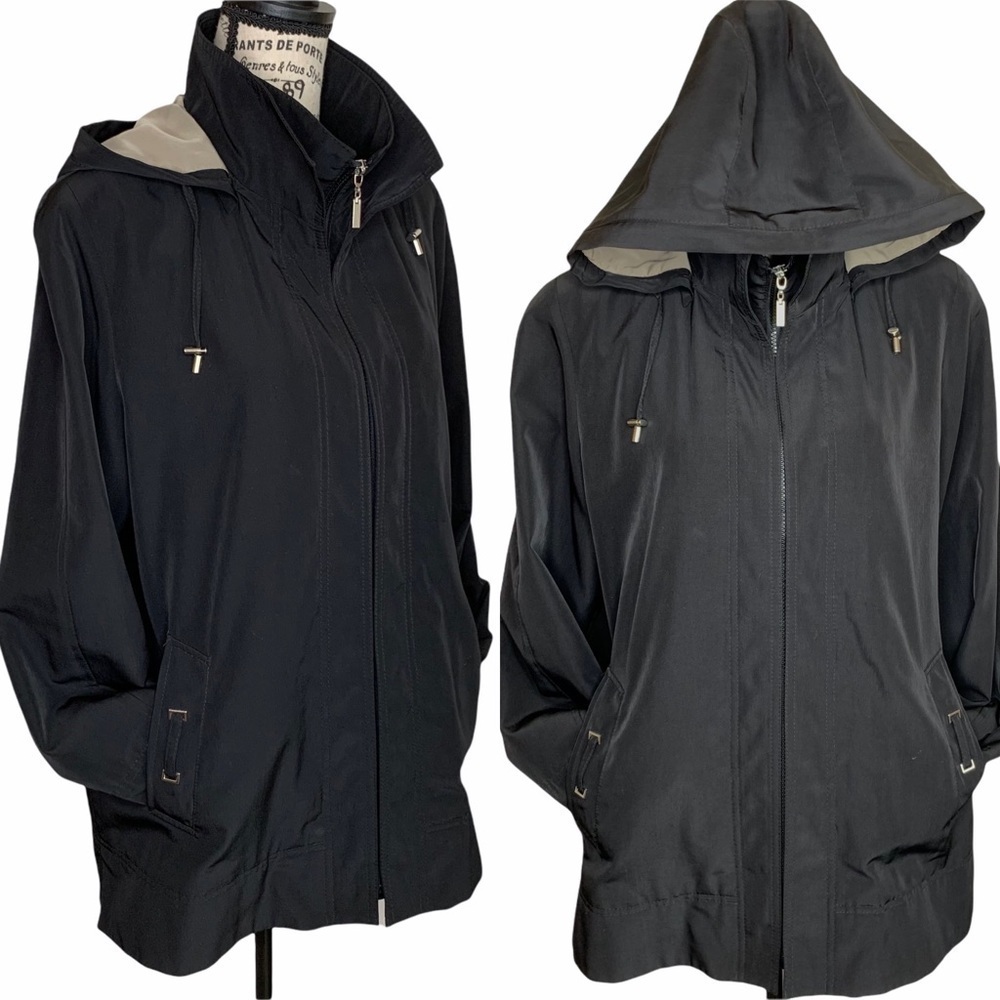 Gallery Hooded Trench Coat Size LP Black Long Zip Rain Resistant Detachable Hood